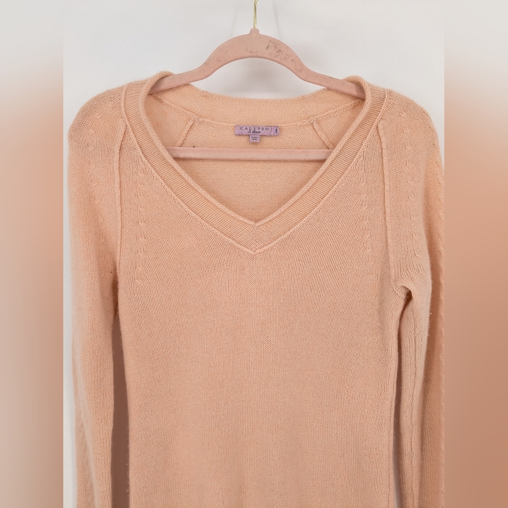Calypso St. Barth 100% Cashmere Sweater Peach V-Neck Cable-Knit Sleeves Size S - Picture 11 of 15